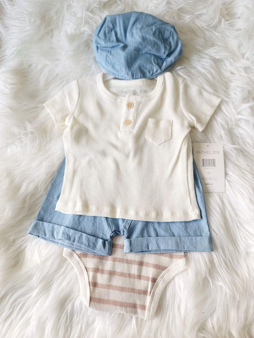 Rachel Zoe Cream Ribbed Henley Top with Light Blue Shorts & Cap Set